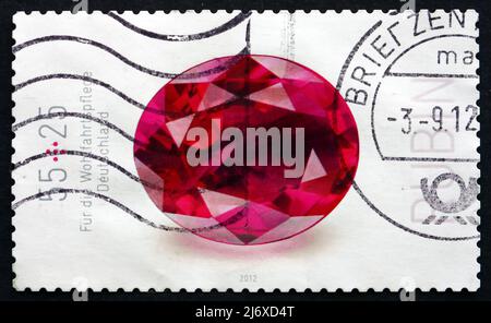 GERMANY - CIRCA 2012: a stamp printed in the Germany shows Ruby, Precious Stone, circa 2012 Stock Photo
