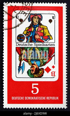 GDR - CIRCA 1967: a stamp printed in GDR shows Georg Herwegh, Poet, German Playing Cards, circa 1967 Stock Photo