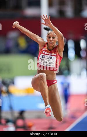 Ana Peleteiro jumping at the Belgrade 2022 Indoor World Championship in the Triple jump specialty. Stock Photo