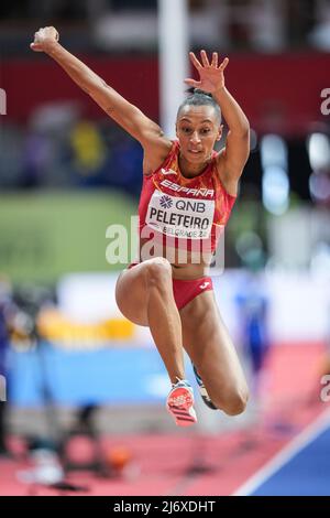 Ana Peleteiro jumping at the Belgrade 2022 Indoor World Championship in the Triple jump specialty. Stock Photo