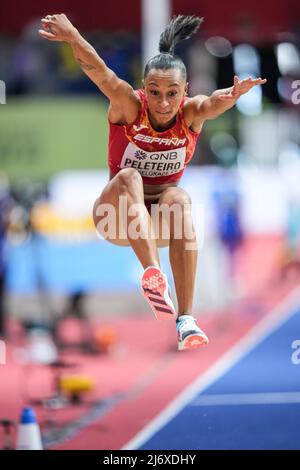 Ana Peleteiro jumping at the Belgrade 2022 Indoor World Championship in the Triple jump specialty. Stock Photo