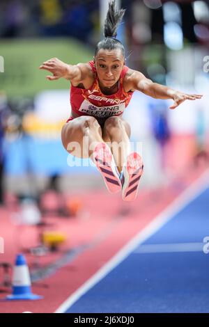 Ana Peleteiro jumping at the Belgrade 2022 Indoor World Championship in the Triple jump specialty. Stock Photo