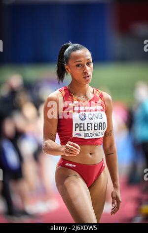 Ana Peleteiro jumping at the Belgrade 2022 Indoor World Championship in the Triple jump specialty. Stock Photo