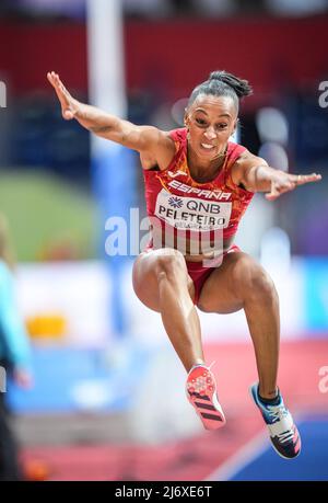 Ana Peleteiro jumping at the Belgrade 2022 Indoor World Championship in the Triple jump specialty. Stock Photo