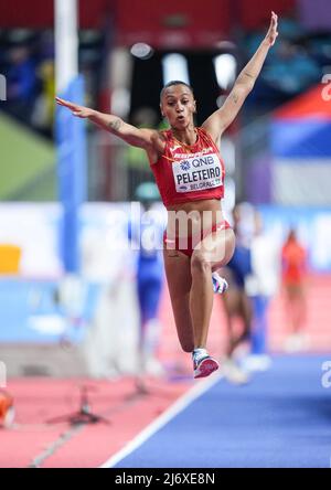 Ana Peleteiro jumping at the Belgrade 2022 Indoor World Championship in the Triple jump specialty. Stock Photo