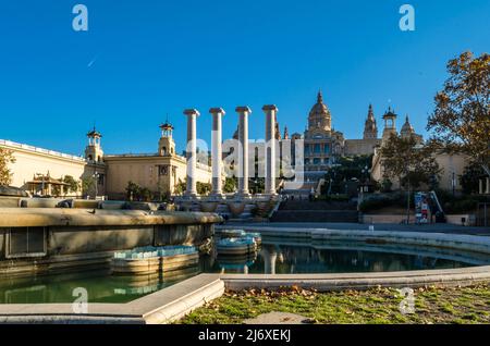 BARCELONA, SPAIN - DECEMBER 7, 2013: View of the Magic Fountain of Montjuic, situated below the Palau Nacional on the Montjuic mountain in Barcelona, Stock Photo