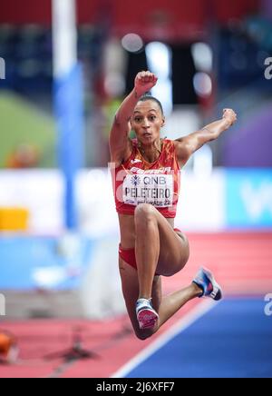 Ana Peleteiro jumping at the Belgrade 2022 Indoor World Championship in the Triple jump specialty. Stock Photo