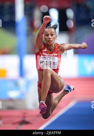 Ana Peleteiro jumping at the Belgrade 2022 Indoor World Championship in the Triple jump specialty. Stock Photo