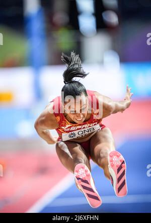 Ana Peleteiro jumping at the Belgrade 2022 Indoor World Championship in the Triple jump specialty. Stock Photo