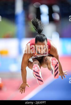 Ana Peleteiro jumping at the Belgrade 2022 Indoor World Championship in the Triple jump specialty. Stock Photo