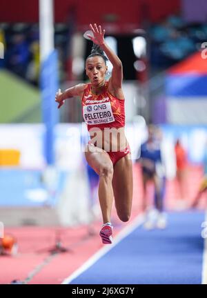 Ana Peleteiro jumping at the Belgrade 2022 Indoor World Championship in the Triple jump specialty. Stock Photo