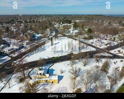 Lexington town center aerial view in winter on Lexington Common and First Parish Church, town of Lexington, Massachusetts MA, USA. Stock Photo