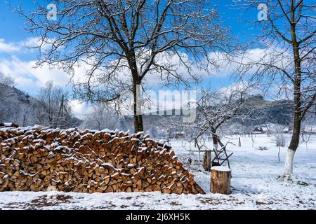 Large stack of firewood piled outside in the snow at sunny day in winter Stock Photo