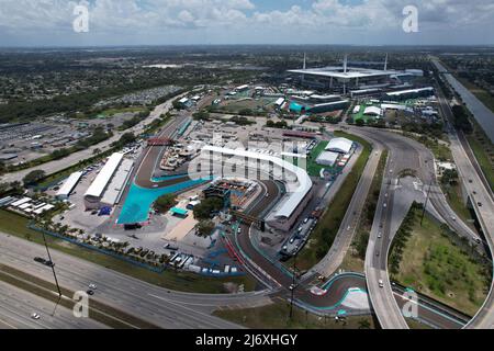 An aerial view of F1 race course for the Miami Grand Prix at Hard Rock Stadium, Monday, May 2, 2022, in Miami Gardens, Fla. An aerial view of F1 race Stock Photo