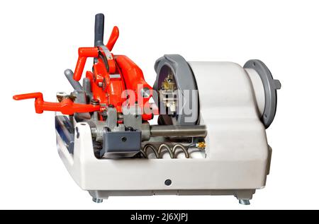 Industrial pipe thread cutting machine isolated on white background. Stock Photo