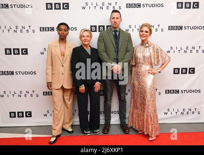 Genesis Lynea, Amanda Burton, David Caves and Emilia Fox arrive for the Silent Witness press launch at the ODEON Luxe West End in London. Picture date: Wednesday May 4, 2022. Stock Photo