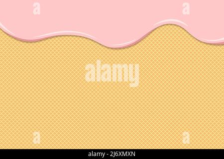 Pink ice cream or yogurt melt on waffle. Creamy or milk liquid drips flow on toasted crispy biscuits. Glazed wafer sweet cake texture. Vector eps background template for banner with space for text Stock Vector