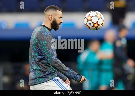 Madrid, Spain. 04th May, 2022. Karim Benzema of Real Madrid during the UEFA Champions League match between Real Madrid and Mancheaster City played at Santiago Bernabeu Stadium on May 4, 2021 in Madrid Spain. (Photo by Ruben Albarran/PRESSINPHOTO) Credit: PRESSINPHOTO SPORTS AGENCY/Alamy Live News Stock Photo