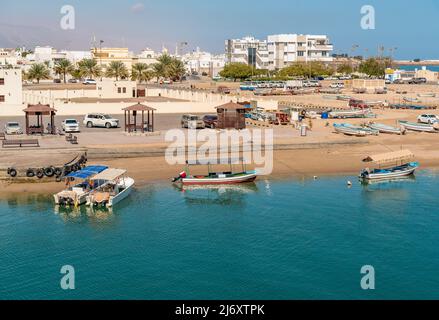 Bay of the Sur city with traditional boats, Sultanate of Oman in the Middle East. Stock Photo