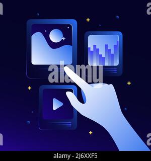 Dark Blue NFT Illustration. Design Composition with Hand and Photos and Videos. Vector illustration Stock Vector