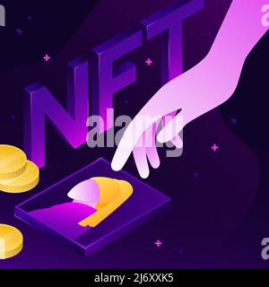 NFT Theme Illustration. Cryptographic Design, Crypto Art Composition with coins, picture and hand. Vector illustration Stock Vector