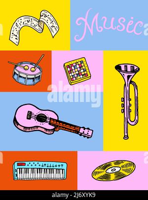 Set of musical symbols and icons. Guitar Drums Piano, creative tools and hobbies. Vintage outline sketch for web banners. Education concept. Back to Stock Vector