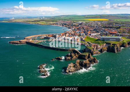 Aerial view of town and harbour at Dunbar in East Lothian, Scotland, Uk Stock Photo