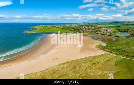 Aerial view of Belhaven Bay beach at Dunbar in East Lothian, Scotland, UK Stock Photo