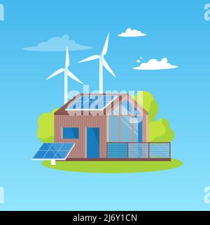 Ecologically clean modern house, solar panels and windmills. The concept of green energy in a private house. Vector illustration in a flat style Stock Vector