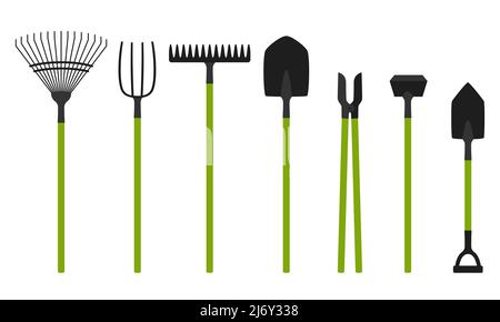 Collection of garden tools. Rake, shovel, pitchfork, hoe. A set of gardening tools. Design elements in a cartoon flat style. Isolated on a white backg Stock Vector