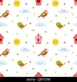 Seamless pattern with birds, twigs, birdhouse sun and cloud. Cute cartoon spring, summer flat vector elements. Children's pattern for textiles and pac Stock Vector