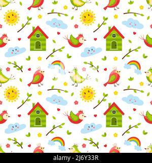 Seamless pattern with birds, twigs, birdhouse sun and cloud. Cute cartoon spring, summer flat vector elements. Children's pattern for textiles and pac Stock Vector