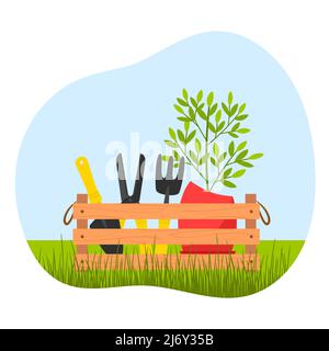 A wooden box with garden tools, pruning shears, a shovel and a ripper, and a planter with a home flower on the background of an abstract shape. Vector Stock Vector