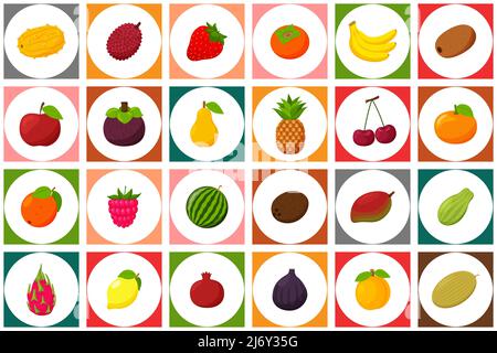 A set of colored icons with fruits and berries. A white circle on a square colored background. It can be used as a seamless pattern for packaging and Stock Vector
