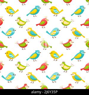 Seamless pattern with cute, colorful birds. Colored flat vector elements. Children's pattern for textiles and packaging. The objects are isolated. Tra Stock Vector