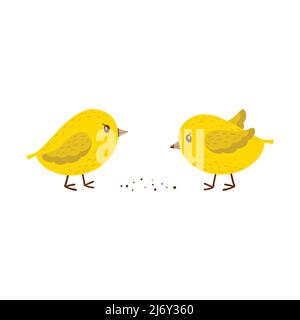 Two chickens peck at the grain. Simple yellow little birds. A symbol of spring, Easter, and farming. Children's, cartoon characters. Vector illustrati Stock Vector