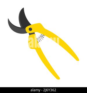 The pruner icon. For cutting branches, twigs and knots. Garden tools, scissors for pruning plants. Garden tools with a yellow handle. Vector illustrat Stock Vector