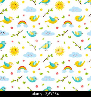 Seamless pattern with birds, twigs, rainbows, sun and cloud. Cute cartoon spring, summer flat vector elements. Children's pattern for textiles and pac Stock Vector