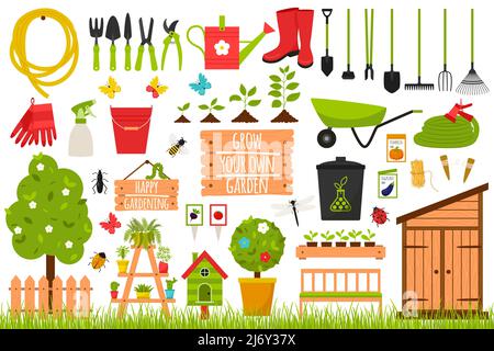 A large collection of garden tools, tools, wooden accessories, plants, insects. Gardening, growing plants. Design elements in a cartoon flat style. Co Stock Vector