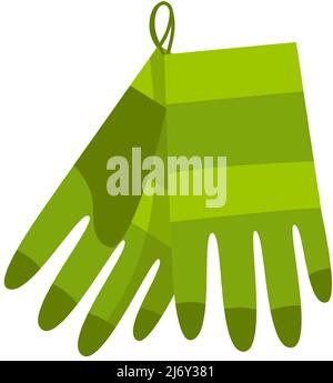 A pair of green gardening work gloves hangs on a nail. gardening, renovation. Cartoon flat style.Isolated on a white background Stock Vector