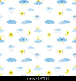 Seamless pattern with elements of weather, clouds, clouds, sun with eyes and face. For children's textiles and products for kids. Color cartoon vector Stock Vector