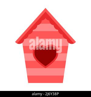 A red birdhouse with a heart-shaped window. Cute illustration in Flat cartoon style.Isolated on a white background Stock Vector