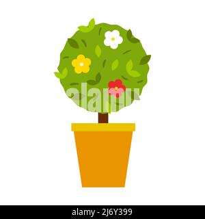A simple round tree bush with flowers in a flower pot. Summer, gardening. Cartoon flat style.Isolated on a white background Stock Vector