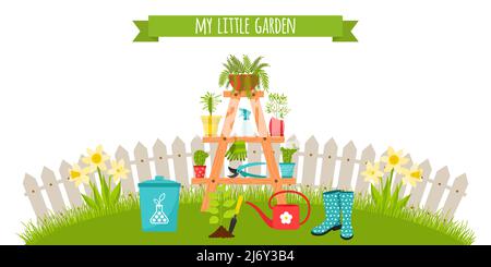A set of garden tools, a stand for flowers with planters. on the background of the lawn and fence. Fertilizer, seedlings, rubber boots. Horizontal ban Stock Vector