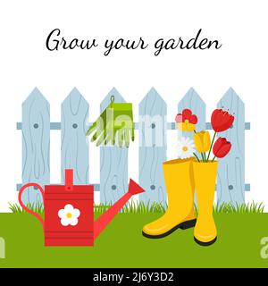 Rubber boots with flowers, tulips and daisies and a watering can on the background of a wooden fence. The concept of gardening, country life in the co Stock Vector