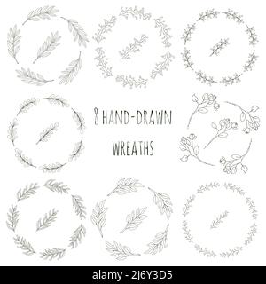 Set of 8 round wreaths of hand-drawn twigs with leaves in doodle style. Botanical, plant elements for creating patterned brushes. Isolated on white. B Stock Vector