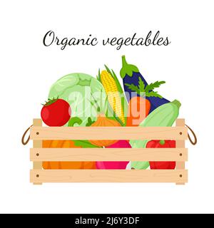 A wooden box full of vegetables, pumpkin, corn, carrots, beets, eggplant, zucchini, cabbage. Natural, organic food. The concept of growing your own ve Stock Vector