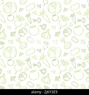 Seamless pattern with vegetables in a linear, hand-drawn style. Summer vegetables. Outline elements. Vector illustration in a flat style. Green vegeta Stock Vector