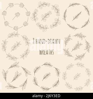 Set of 8 round wreaths of hand-drawn twigs with leaves in doodle style. Botanical, plant elements for creating patterned brushes. Isolated on white. B Stock Vector