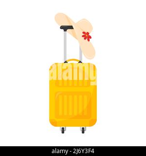 Yellow closed suitcase on wheels. Standing, with a woman's hat hanging on the handle. A symbol of travel, summer, vacation. A bright design element. F Stock Vector